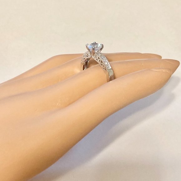 Silver Filigree Victorian Engagement Ring Size 9 10 Cubic Zirconia RhodiumPlated - Picture 7 of 10